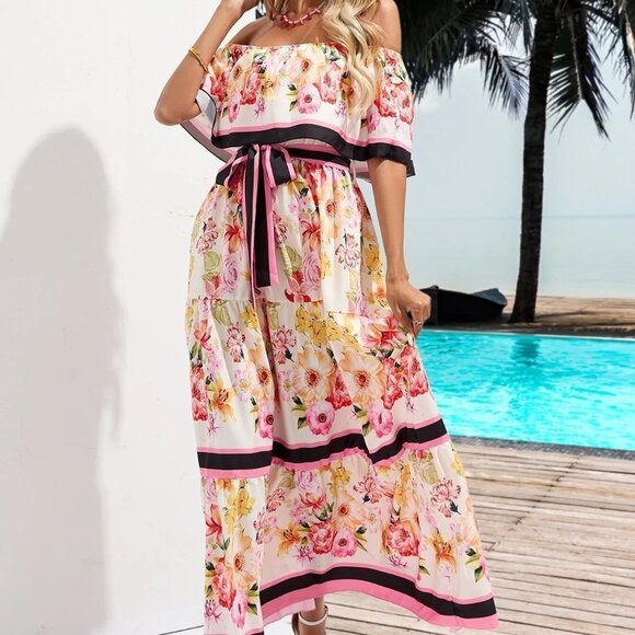 Multicolor Boho Womens Allover Floral Print Off Shoulder Ruffle Hem Belted Dress - Picture 1 of 5